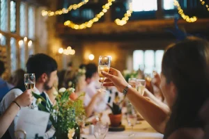 Photographe mariage Barcelonnette 04 - Gros plan invité levant sa flûte de champagne lors du toast Alpes-de-Haute-Provence PACA