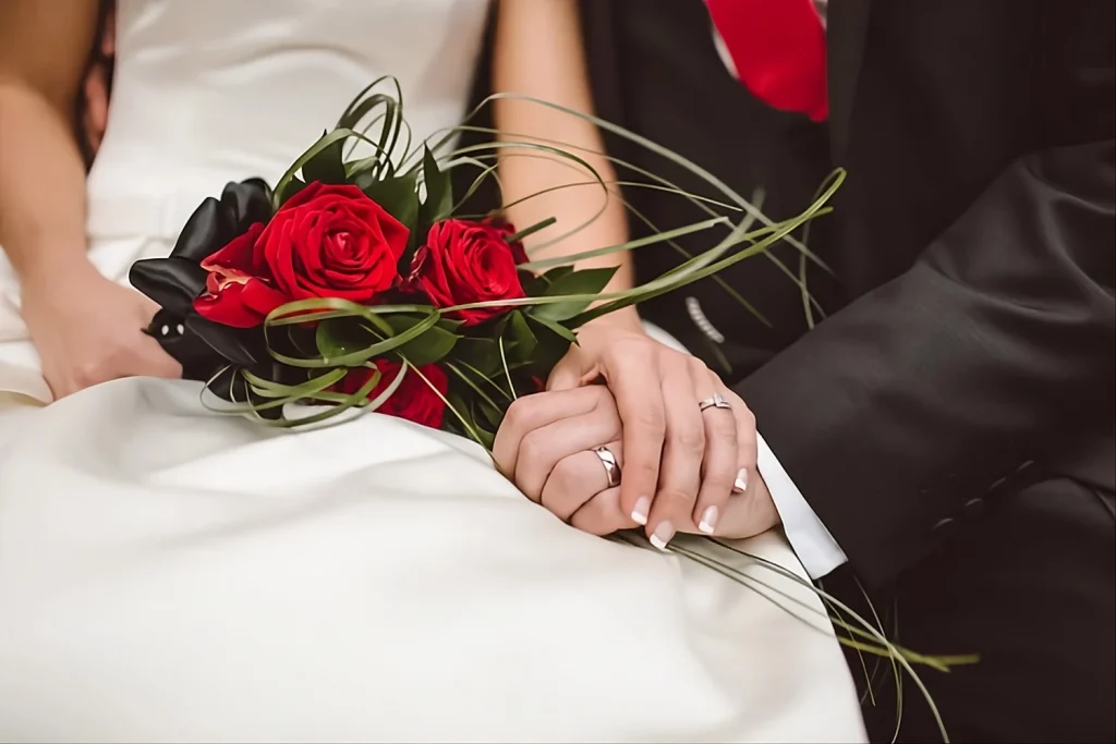 Gros plan sur les mains des mariés avec alliances et bouquet de roses rouges sur la robe blanche