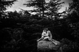 couple nu, se prenant dans les bras sur un gros rocher dans une immense foret de sapin - photographe pro passionnée dans le vaucluse