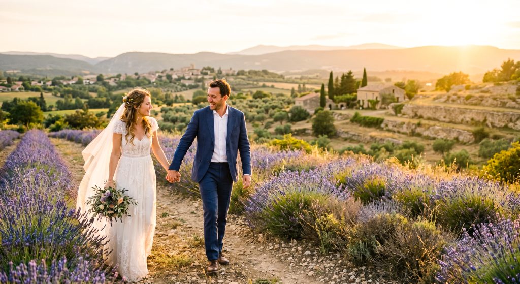 Séance photo mariage dans un champ de lavande en Provence au coucher du soleil